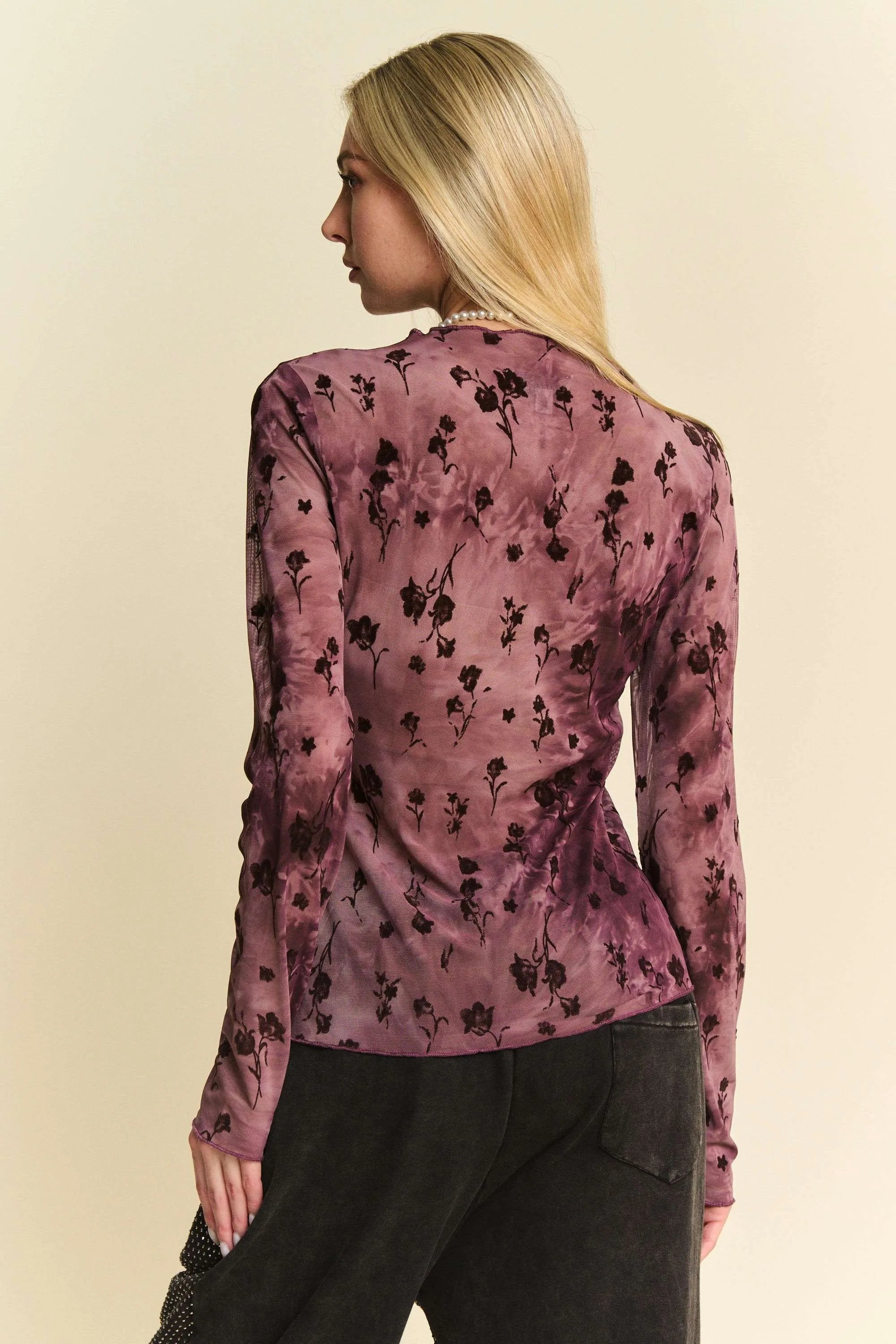 Davi & Dani Floral Mesh Long Sleeve Sheer Layering Top - Love Salve
